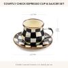 MACKENZIE-CHILDS Espresso Cup and Saucer Set, Cute Small Coffee Cups and Saucers, Set of 2, Green-and-White Emerald Check(Courtly Check)
