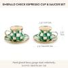 MACKENZIE-CHILDS Espresso Cup and Saucer Set, Cute Small Coffee Cups and Saucers, Set of 2, Green-and-White Emerald Check(Emerald Check)