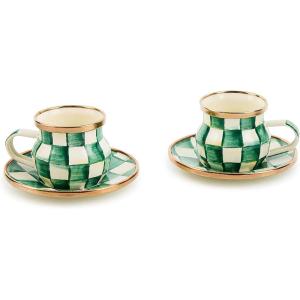 MACKENZIE-CHILDS Espresso Cup and Saucer Set, Cute Small Coffee Cups and Saucers, Set of 2, Green-and-White Emerald Check(Emerald Check)