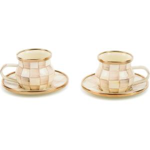 MACKENZIE-CHILDS Espresso Cup and Saucer Set, Cute Small Coffee Cups and Saucers, Set of 2, Green-and-White Emerald Check(Mocha Check)