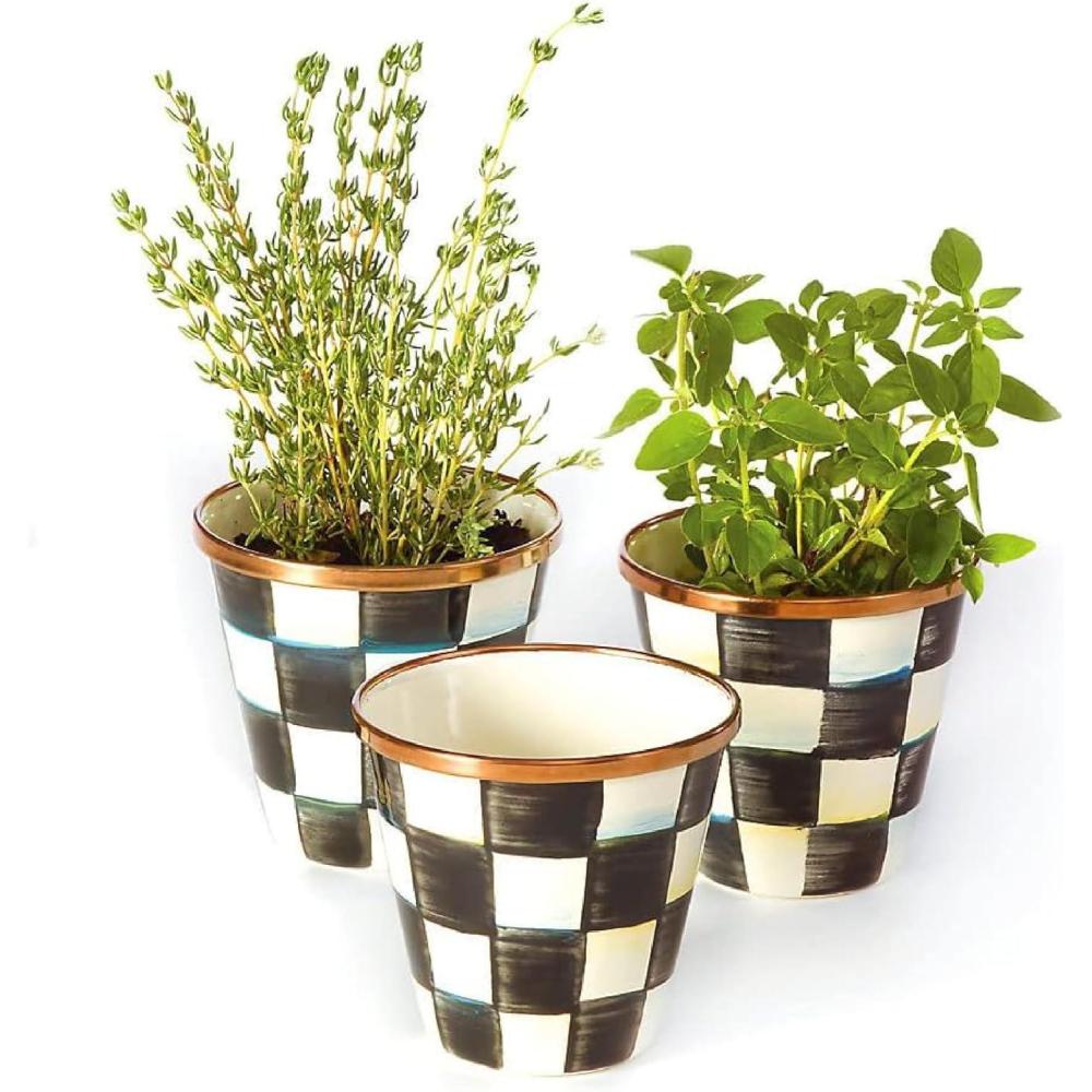 image:imageMACKENZIECHILDS Set of 3 Enamel Herb Pots Small Plant Pots for Herbs or Flowers PurpleandWhite Violet CheckCourtly Check