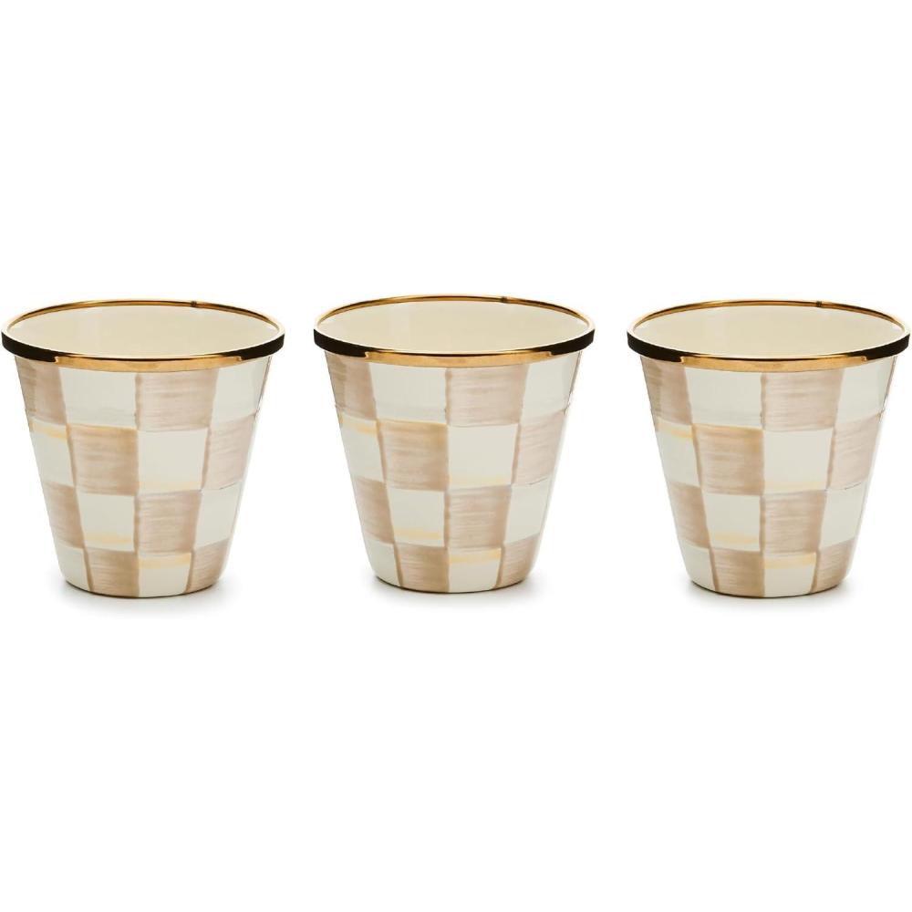 image:imageMACKENZIECHILDS Set of 3 Enamel Herb Pots Small Plant Pots for Herbs or Flowers PurpleandWhite Violet CheckMocha Check