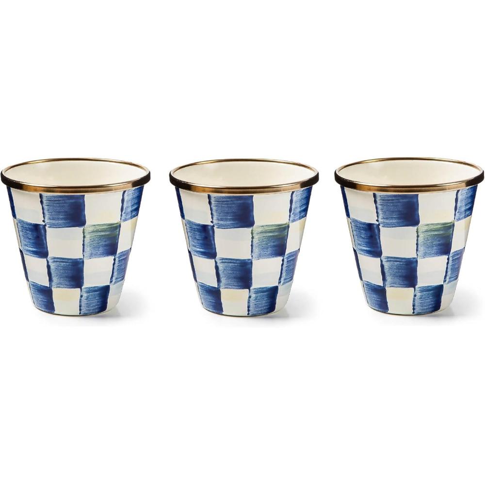 image:imageMACKENZIECHILDS Set of 3 Enamel Herb Pots Small Plant Pots for Herbs or Flowers PurpleandWhite Violet CheckRoyal Check