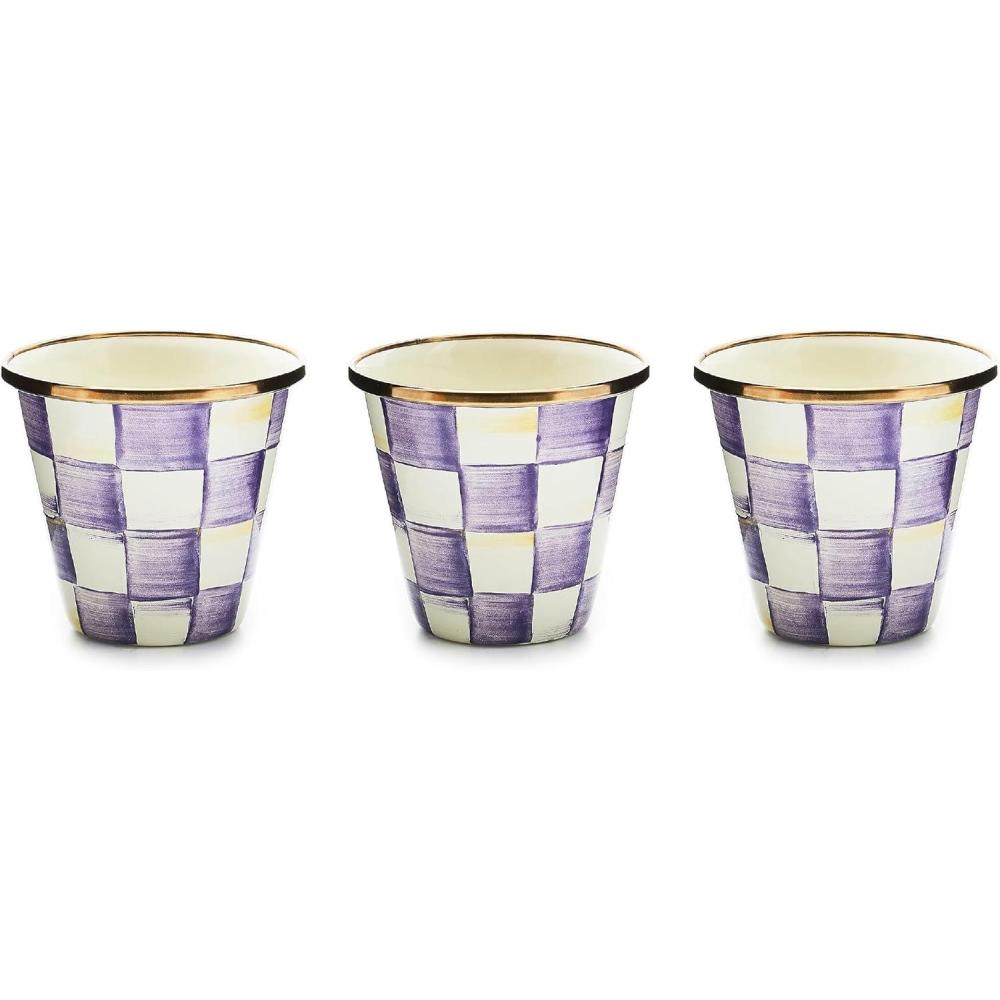 image:imageMACKENZIECHILDS Set of 3 Enamel Herb Pots Small Plant Pots for Herbs or Flowers PurpleandWhite Violet CheckViolet Check