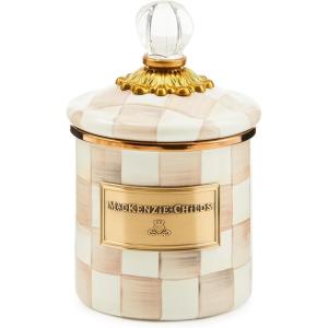 MACKENZIE-CHILDS Enamel Canister, Kitchen Storage Container with Lid, Demi, Purple-and-White Violet Check(Mocha Check)