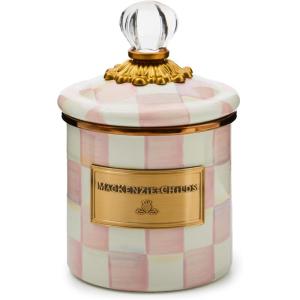 MACKENZIE-CHILDS Enamel Canister, Kitchen Storage Container with Lid, Demi, Purple-and-White Violet Check(Rosy Check)