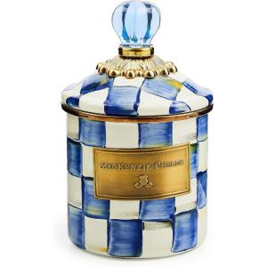 MACKENZIE-CHILDS Enamel Canister, Kitchen Storage Container with Lid, Demi, Purple-and-White Violet Check(Royal Check)