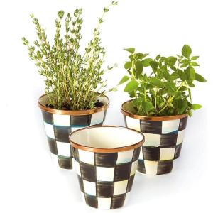 MACKENZIE-CHILDS Set of 3 Enamel Herb Pots, Small Plant Pots for Herbs or Flowers, Purple-and-White Violet Check(Courtly Check)