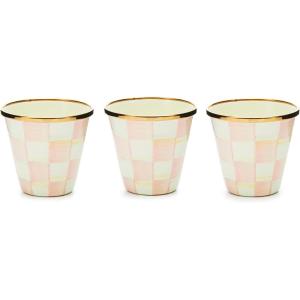 MACKENZIE-CHILDS Set of 3 Enamel Herb Pots, Small Plant Pots for Herbs or Flowers, Purple-and-White Violet Check(Rosy Check)