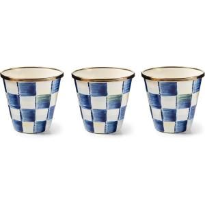 MACKENZIE-CHILDS Set of 3 Enamel Herb Pots, Small Plant Pots for Herbs or Flowers, Purple-and-White Violet Check(Royal Check)