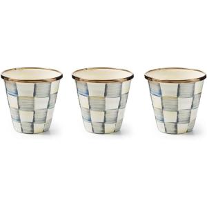 MACKENZIE-CHILDS Set of 3 Enamel Herb Pots, Small Plant Pots for Herbs or Flowers, Purple-and-White Violet Check(Sterling Check)