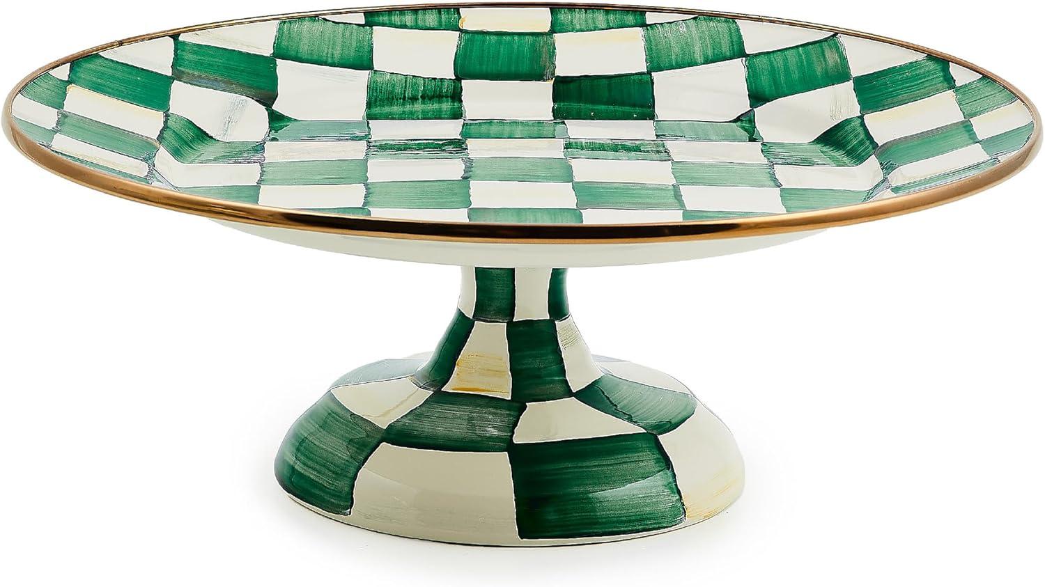 image:imageMACKENZIECHILDS Enamel Pedestal Platter Round Cake Stand Small PurpleandWhite Violet CheckEmerald Check