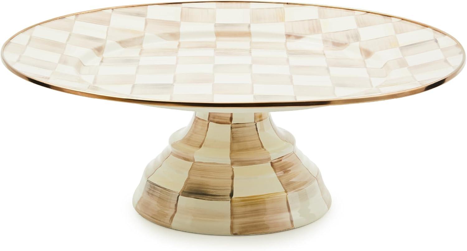 image:imageMACKENZIECHILDS Enamel Pedestal Platter Round Cake Stand Small PurpleandWhite Violet CheckMocha Check