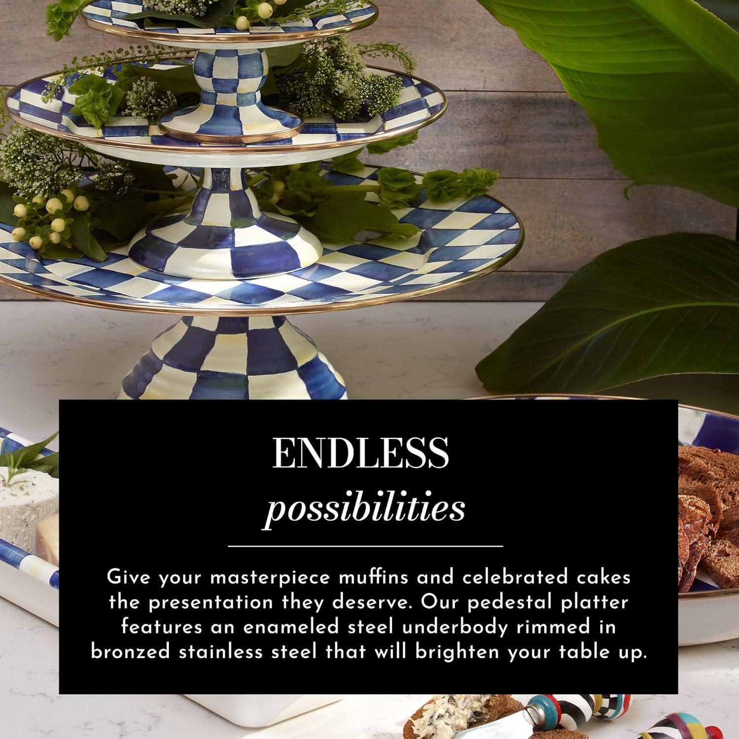 image:imageMACKENZIECHILDS Enamel Pedestal Platter Round Cake Stand Small PurpleandWhite Violet CheckRoyal Check