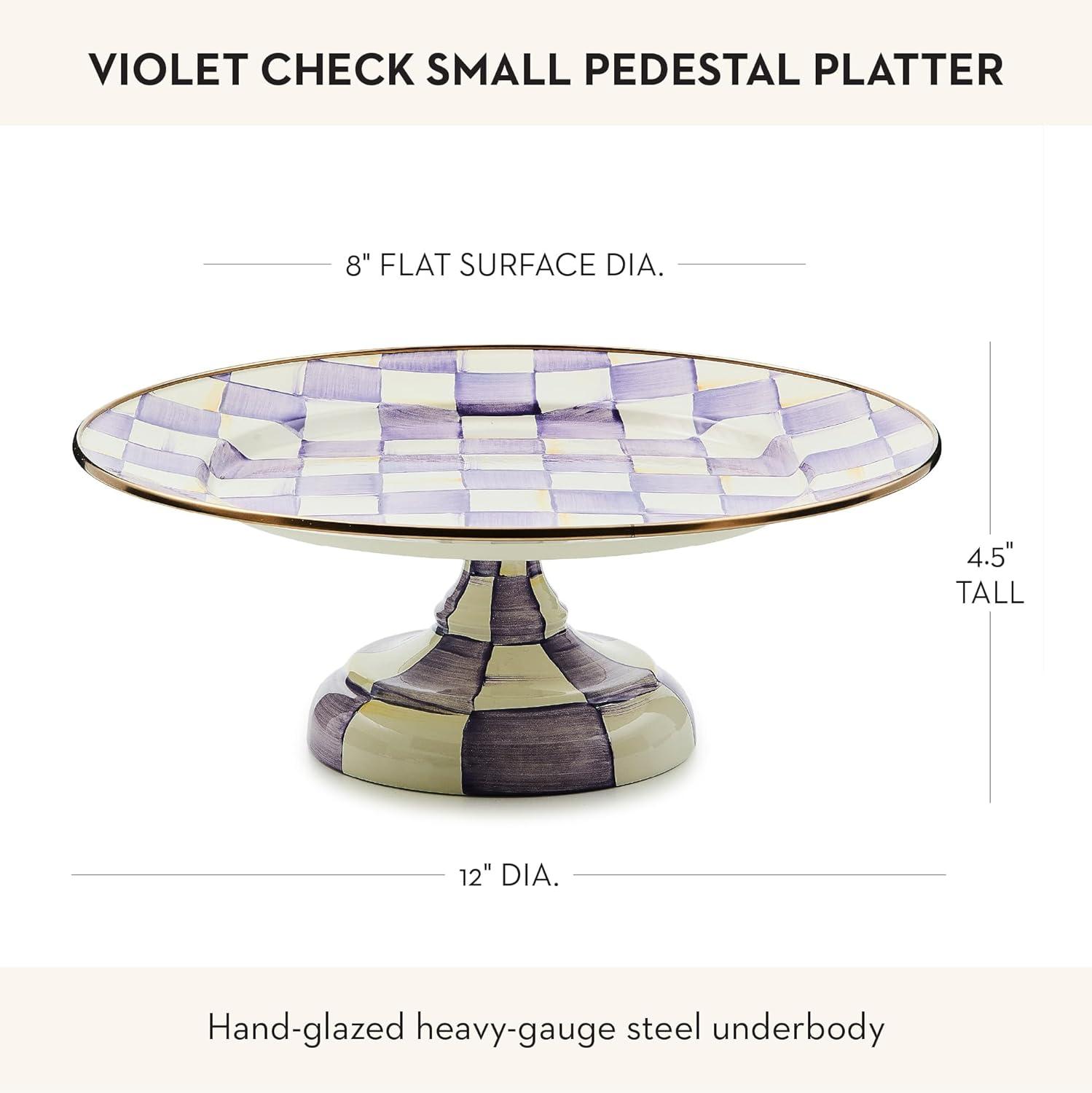 image:imageMACKENZIECHILDS Enamel Pedestal Platter Round Cake Stand Small PurpleandWhite Violet CheckViolet Check