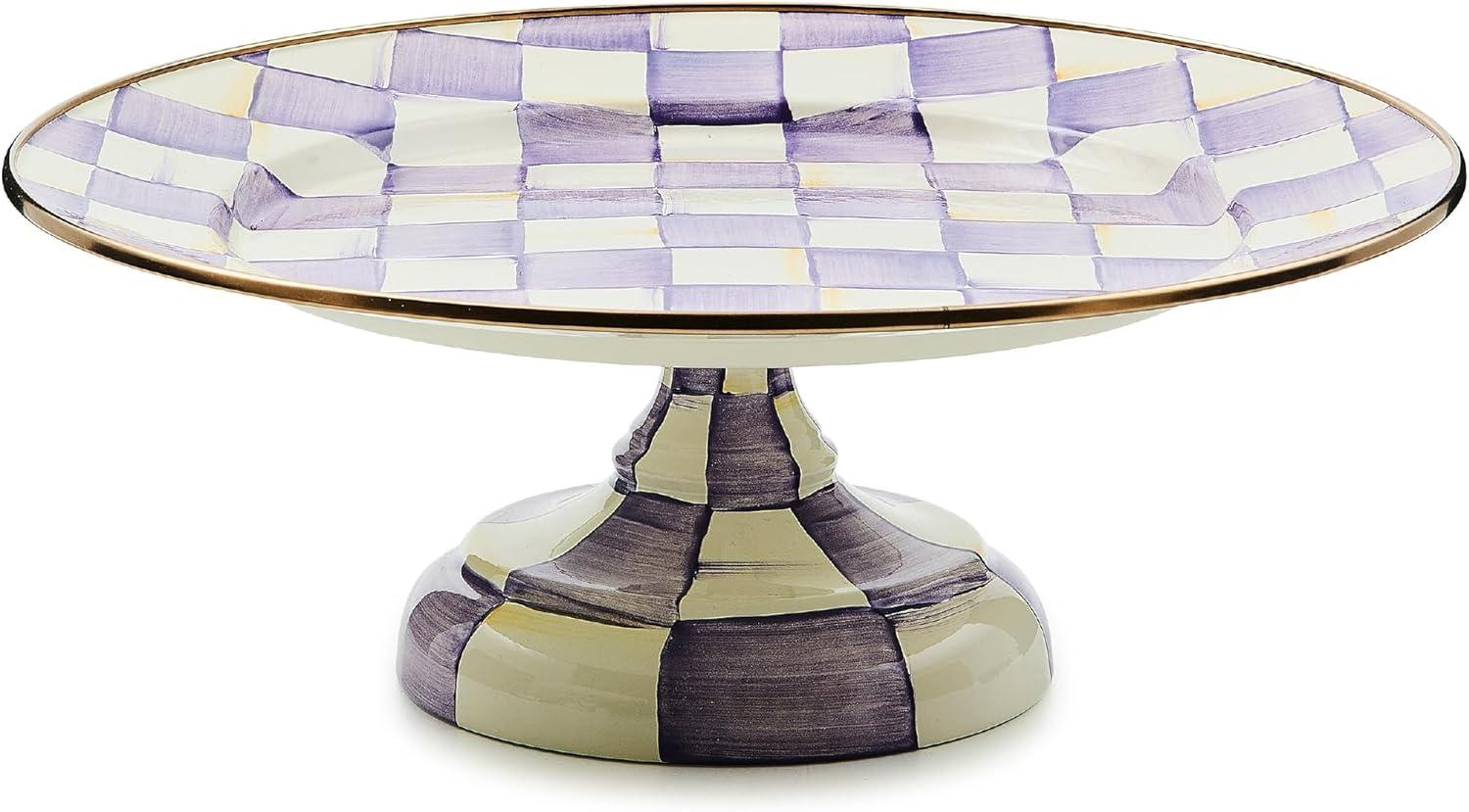 image:imageMACKENZIECHILDS Enamel Pedestal Platter Round Cake Stand Small PurpleandWhite Violet CheckViolet Check