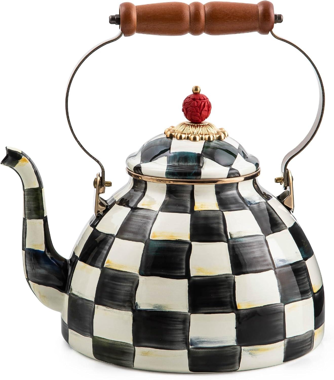 image:imageMACKENZIECHILDS Enamel Tea Kettle Decorative Tea Kettle for Stovetop 3 Quarts PurpleandWhite Violet CheckCourtly Check
