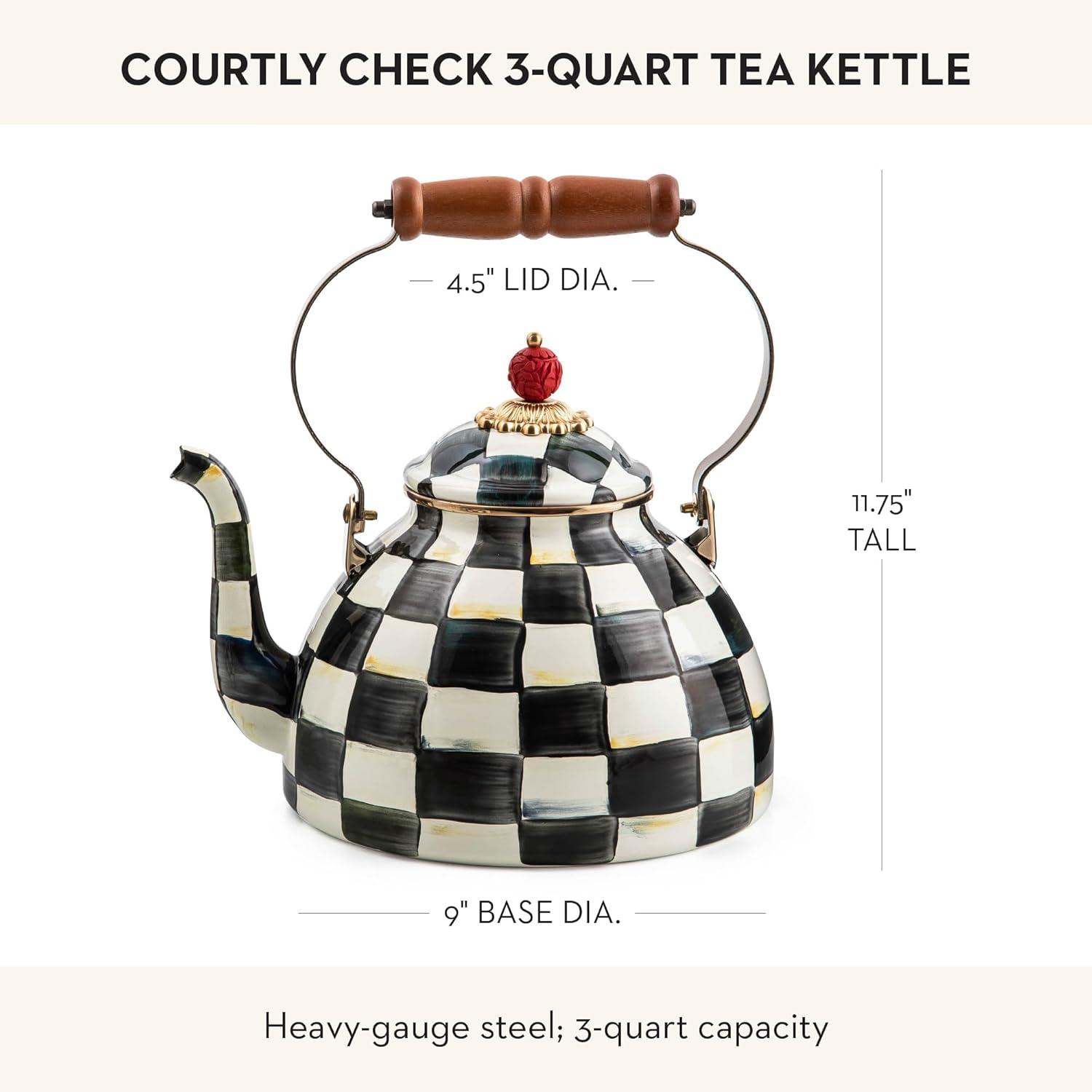 image:imageMACKENZIECHILDS Enamel Tea Kettle Decorative Tea Kettle for Stovetop 3 Quarts PurpleandWhite Violet CheckCourtly Check