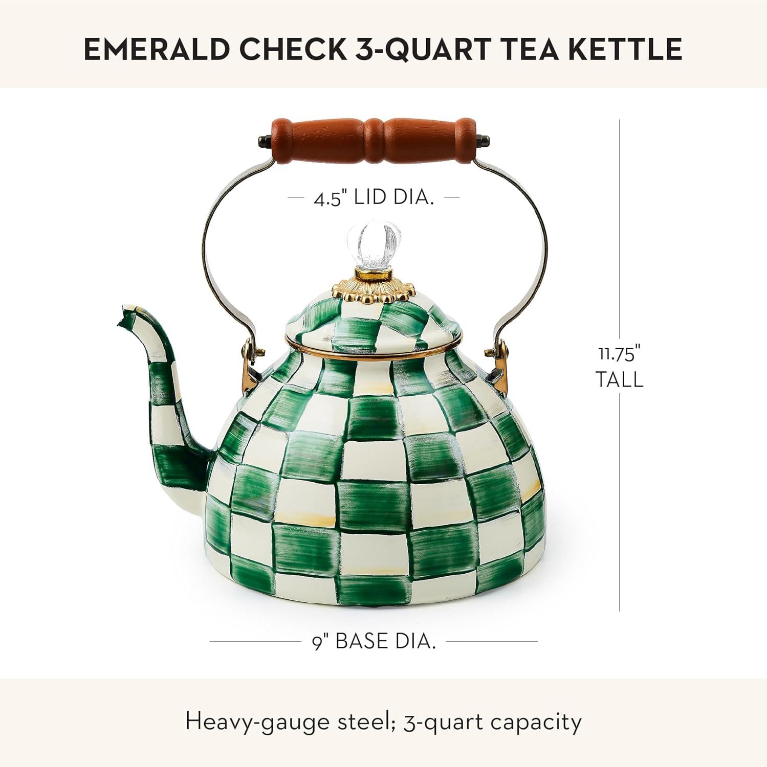 image:imageMACKENZIECHILDS Enamel Tea Kettle Decorative Tea Kettle for Stovetop 3 Quarts PurpleandWhite Violet CheckEmerald Check