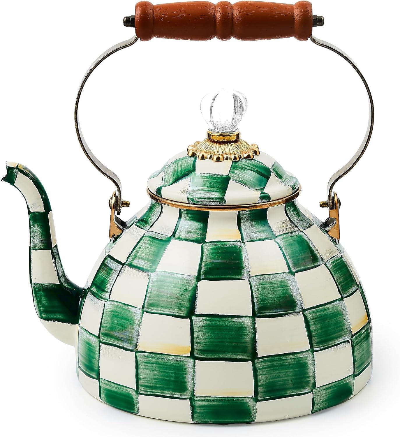 image:imageMACKENZIECHILDS Enamel Tea Kettle Decorative Tea Kettle for Stovetop 3 Quarts PurpleandWhite Violet CheckEmerald Check