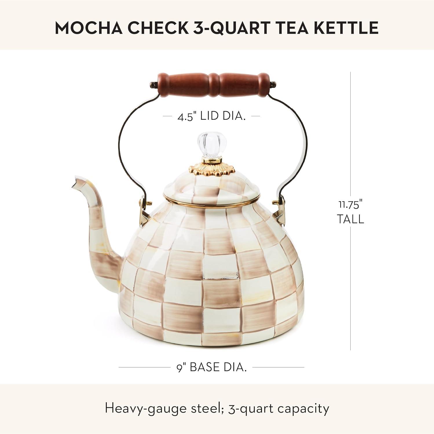 image:imageMACKENZIECHILDS Enamel Tea Kettle Decorative Tea Kettle for Stovetop 3 Quarts PurpleandWhite Violet CheckMocha Check