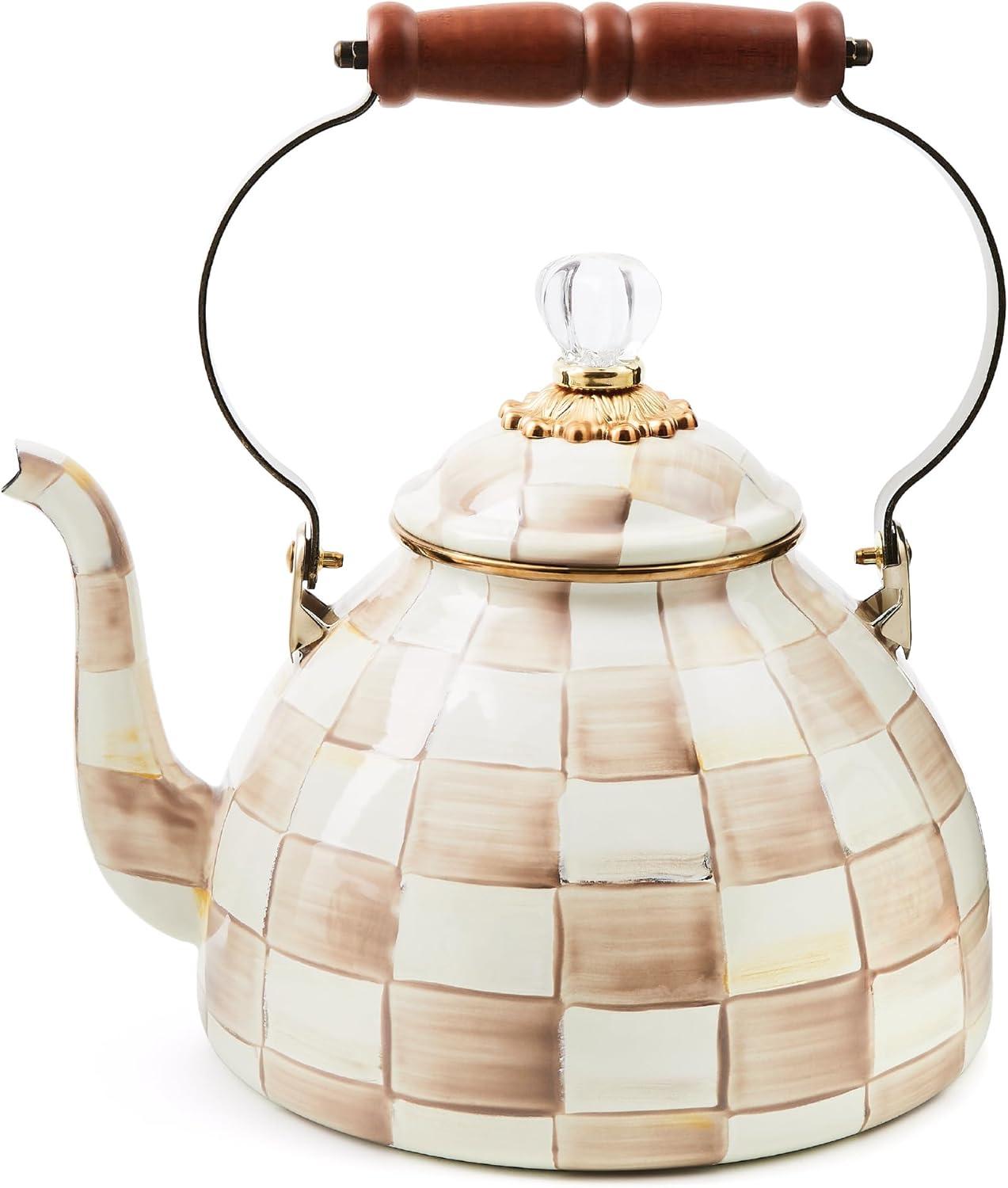 image:imageMACKENZIECHILDS Enamel Tea Kettle Decorative Tea Kettle for Stovetop 3 Quarts PurpleandWhite Violet CheckMocha Check