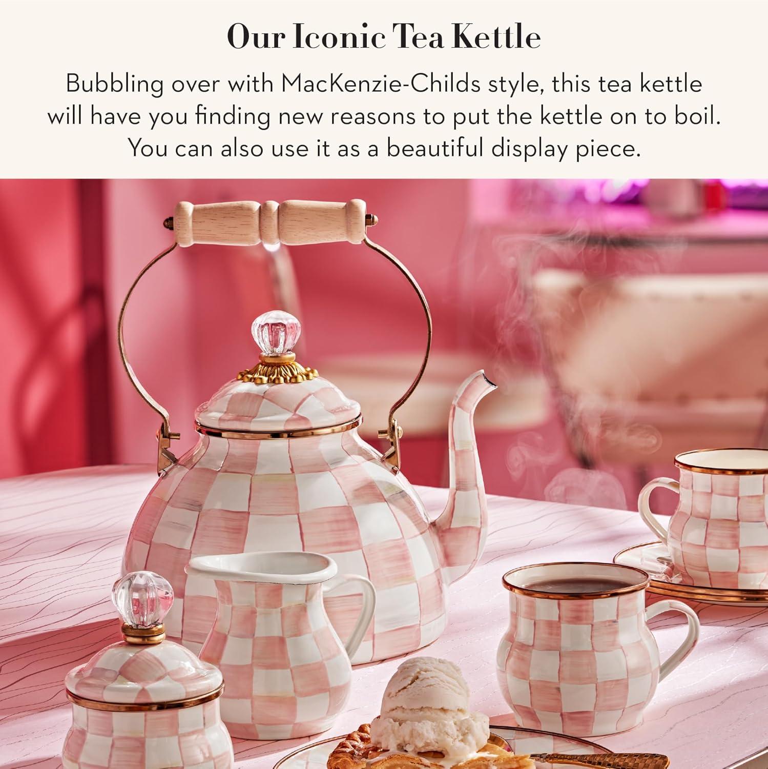 image:imageMACKENZIECHILDS Enamel Tea Kettle Decorative Tea Kettle for Stovetop 3 Quarts PurpleandWhite Violet CheckRosy Check