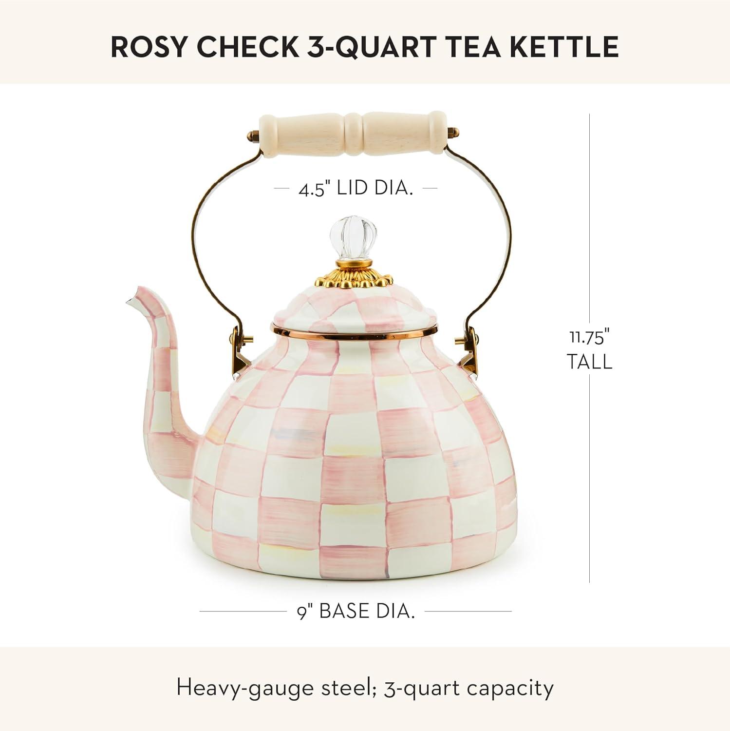 image:imageMACKENZIECHILDS Enamel Tea Kettle Decorative Tea Kettle for Stovetop 3 Quarts PurpleandWhite Violet CheckRosy Check