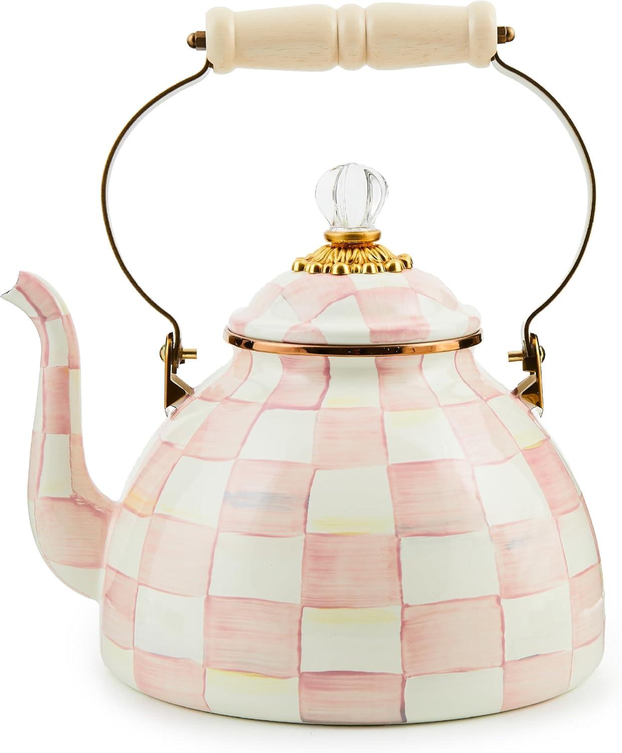image:imageMACKENZIECHILDS Enamel Tea Kettle Decorative Tea Kettle for Stovetop 3 Quarts PurpleandWhite Violet CheckRosy Check