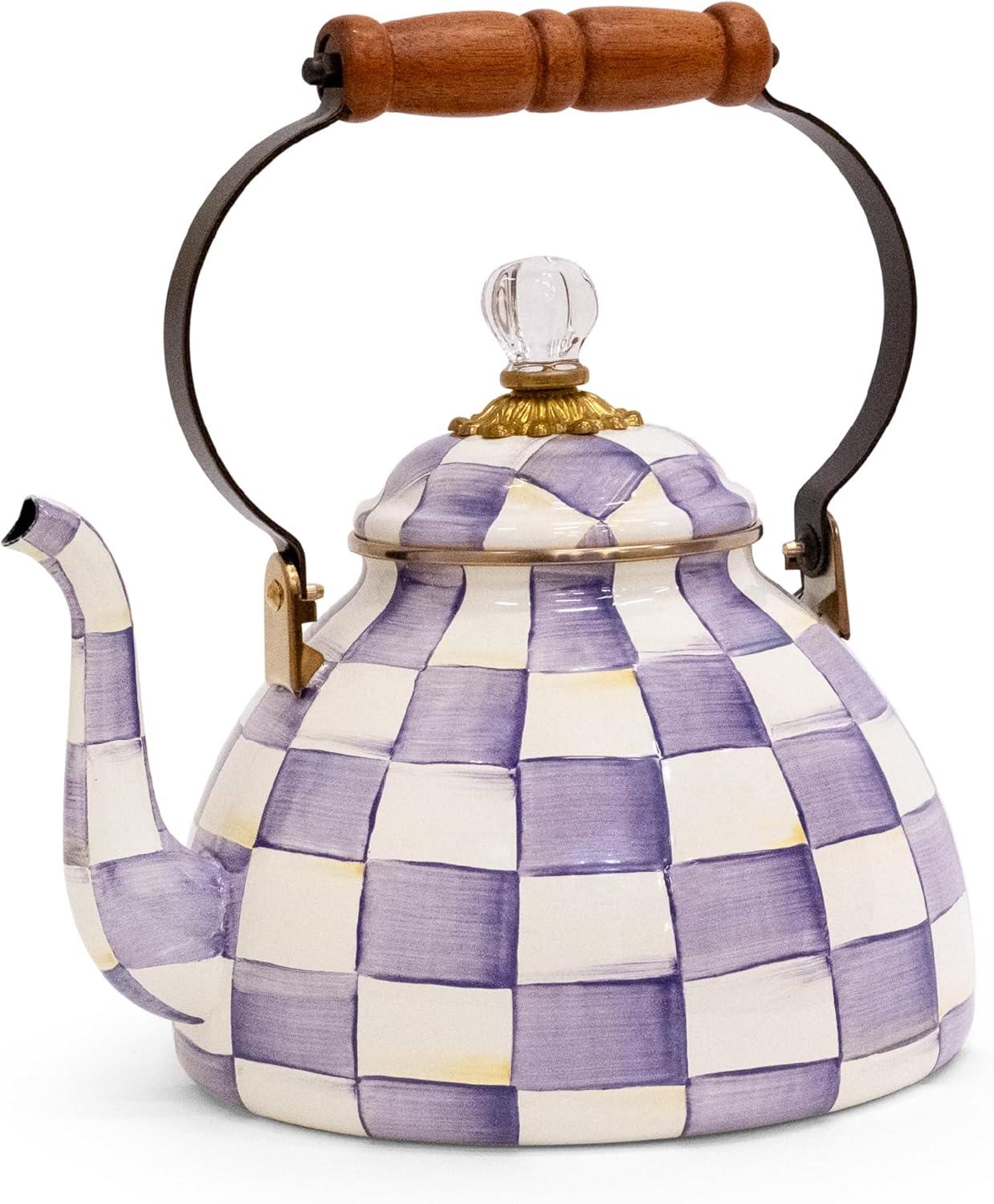 image:imageMACKENZIECHILDS Enamel Tea Kettle Decorative Tea Kettle for Stovetop 3 Quarts PurpleandWhite Violet CheckViolet Check