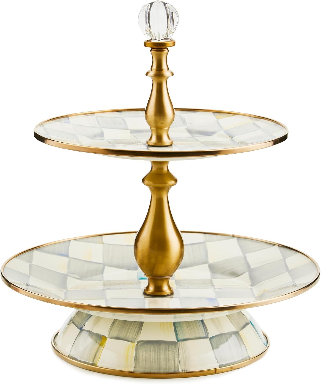 image:imageMACKENZIECHILDS Enamel Tiered Sweet Stand TwoTier Serving Tray for Dessert PurpleandWhite Violet CheckSterling Check