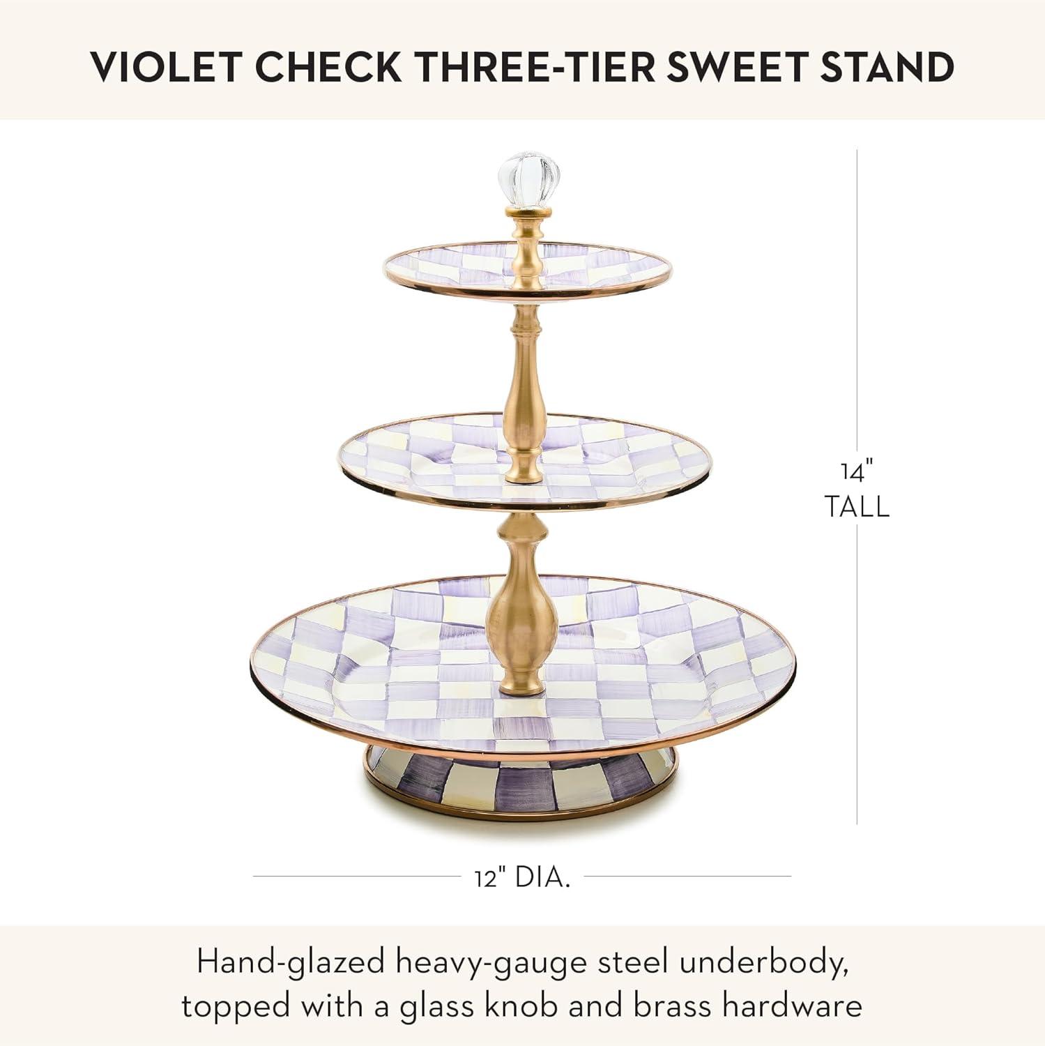 image:imageMACKENZIECHILDS Enamel Tiered Sweet Stand TwoTier Serving Tray for Dessert PurpleandWhite Violet CheckViolet Check