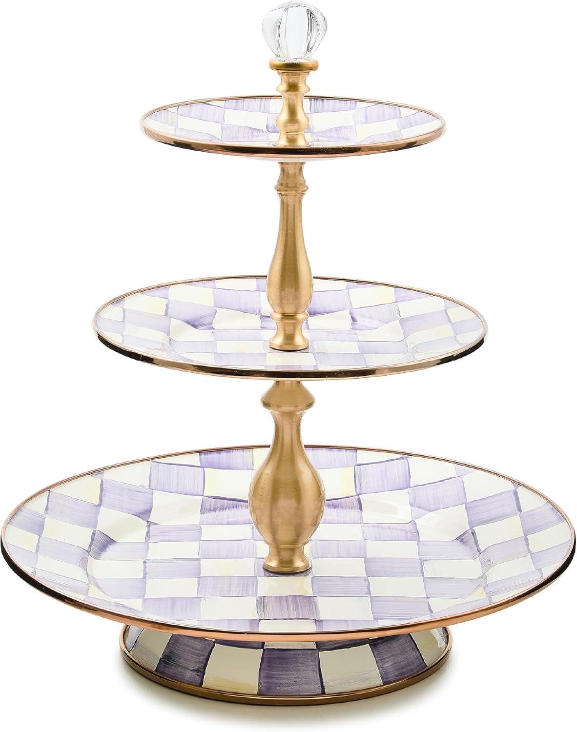 image:imageMACKENZIECHILDS Enamel Tiered Sweet Stand TwoTier Serving Tray for Dessert PurpleandWhite Violet CheckViolet Check