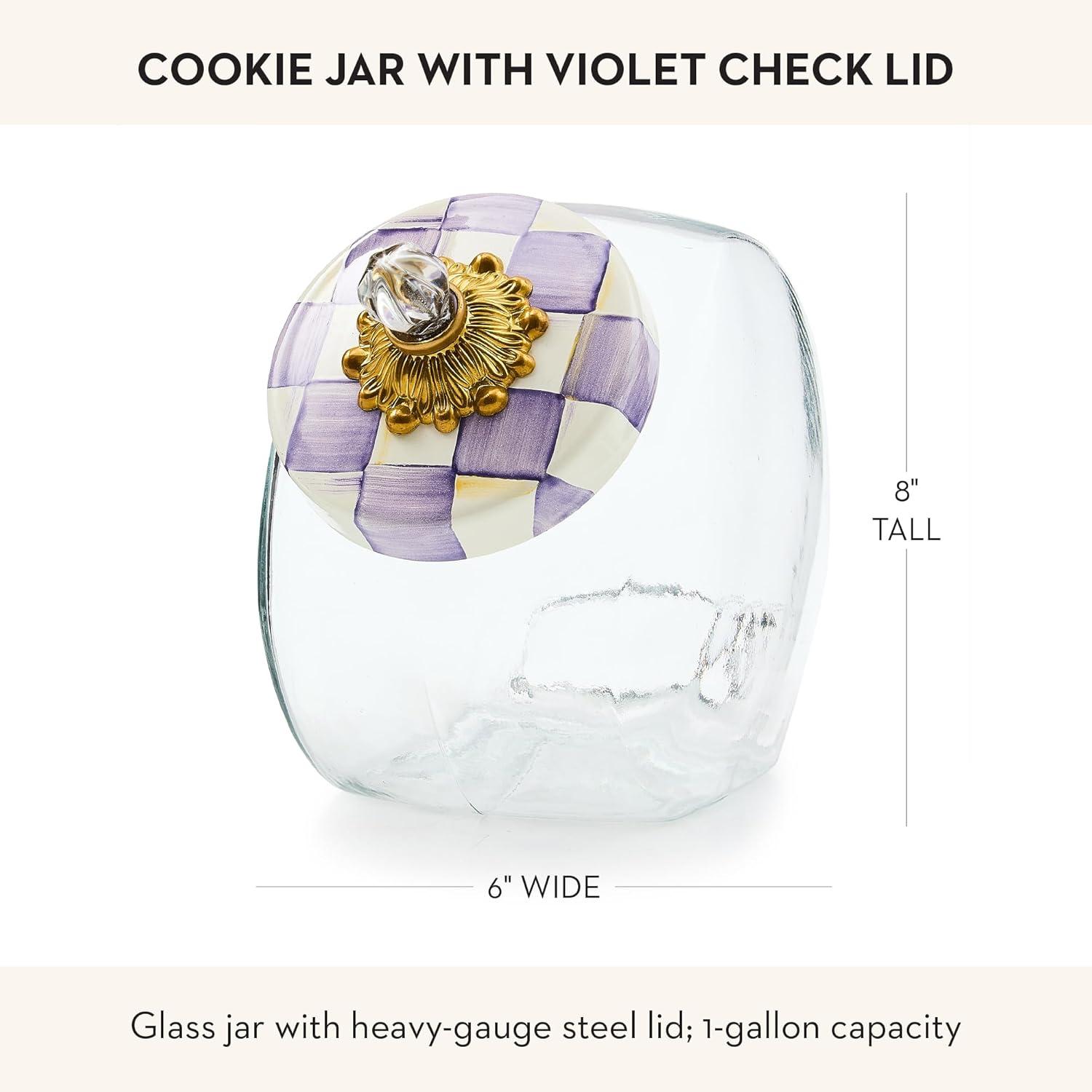 image:imageMACKENZIECHILDS Sweets Jar with Enamel Lid Small Glass Cookie Jar or Kitchen Container 05Gallon Capacity PurpleandWhite Violet CheckViolet Check