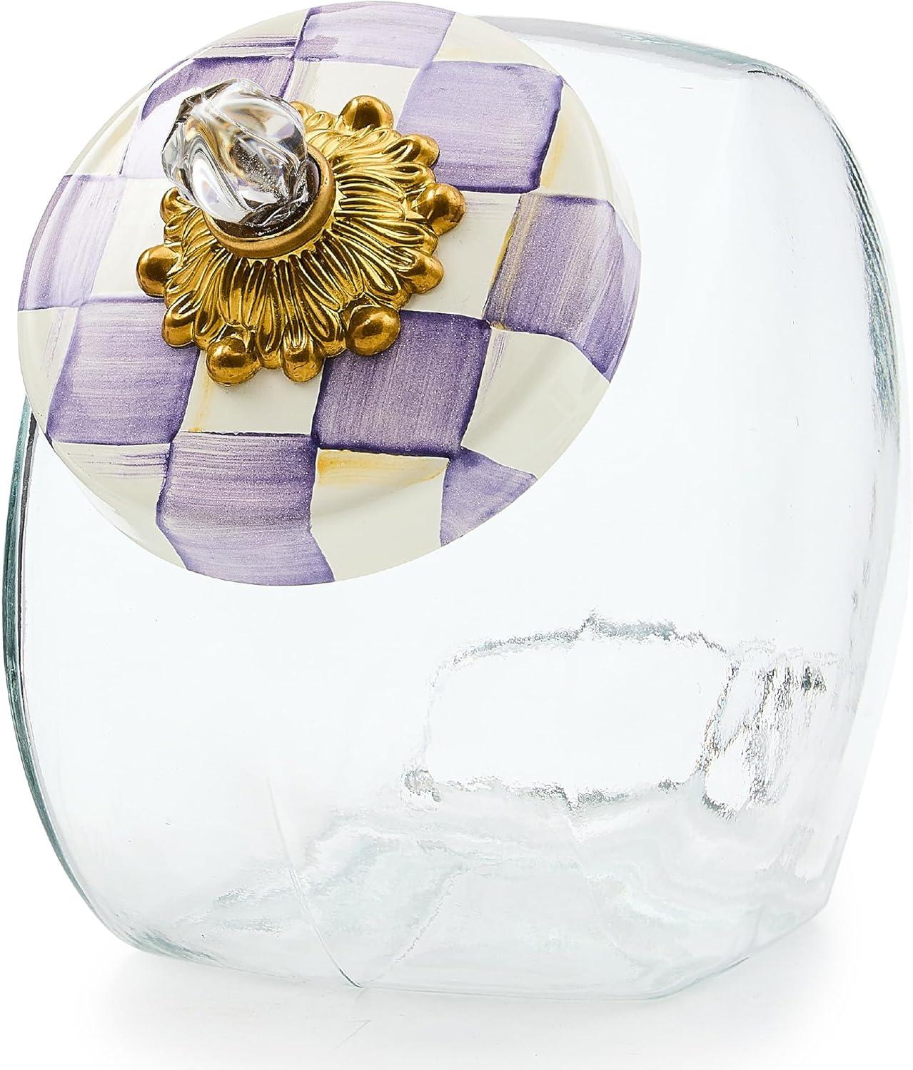 image:imageMACKENZIECHILDS Sweets Jar with Enamel Lid Small Glass Cookie Jar or Kitchen Container 05Gallon Capacity PurpleandWhite Violet CheckViolet Check