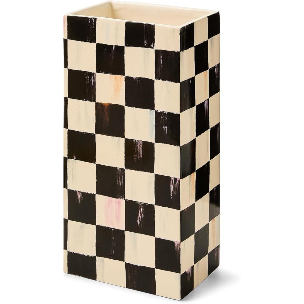 image:imageMACKENZIECHILDS Ceramic Pillar Vase Unique Flower Vase Decor PurpleandWhite Violet CheckCourtly Check