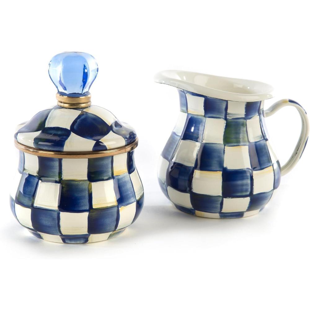 image:imageMACKENZIECHILDS Enamel Creamer and Sugar Bowl Set Cream Dispenser with Pour Spout and Sugar Holder Unique Kitchen Decor PurpleandWhite Violet CheckRoyal Check