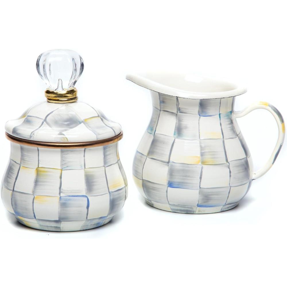 image:imageMACKENZIECHILDS Enamel Creamer and Sugar Bowl Set Cream Dispenser with Pour Spout and Sugar Holder Unique Kitchen Decor PurpleandWhite Violet CheckSterling Check