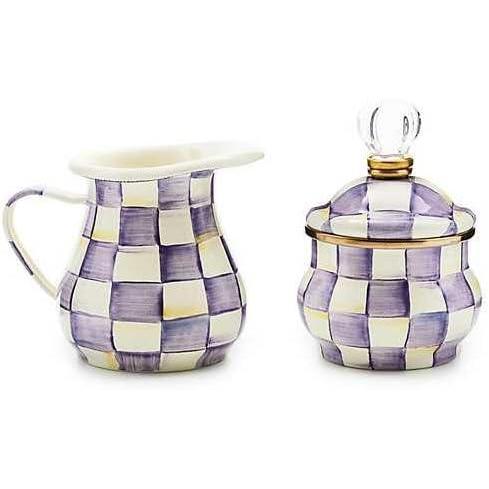 image:imageMACKENZIECHILDS Enamel Creamer and Sugar Bowl Set Cream Dispenser with Pour Spout and Sugar Holder Unique Kitchen Decor PurpleandWhite Violet CheckViolet Check