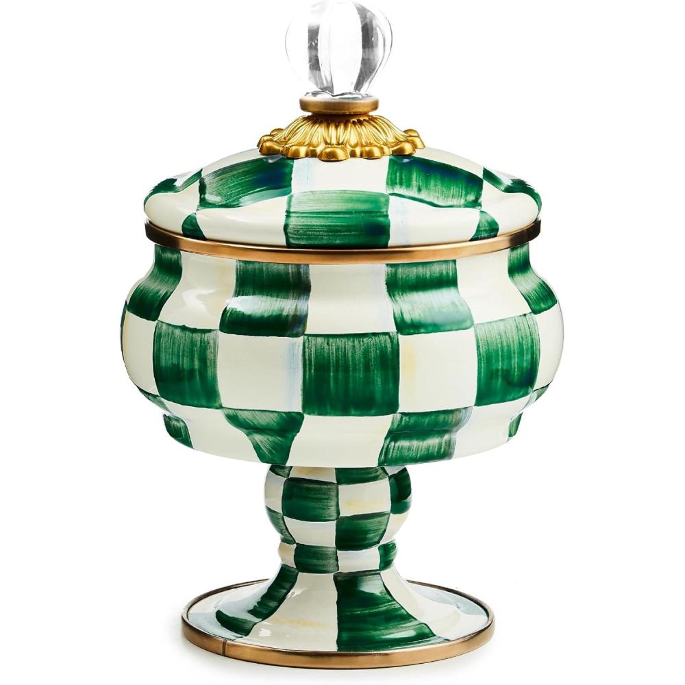 image:imageMACKENZIECHILDS Enamel Curiosity Pot Decorative Container for Home Decor PurpleandWhite Violet CheckEmerald Check