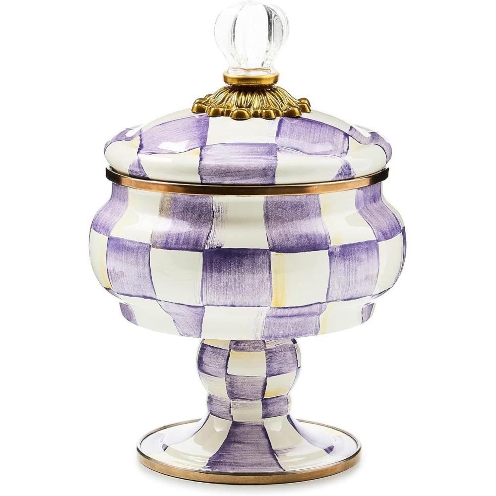 image:imageMACKENZIECHILDS Enamel Curiosity Pot Decorative Container for Home Decor PurpleandWhite Violet CheckViolet Check