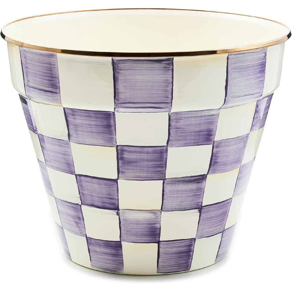 image:imageMACKENZIECHILDS Enamel Garden Pot Decorative Pot for Plants Outdoor Flowerpot Decor Extra Large PurpleandWhite Violet CheckViolet Check
