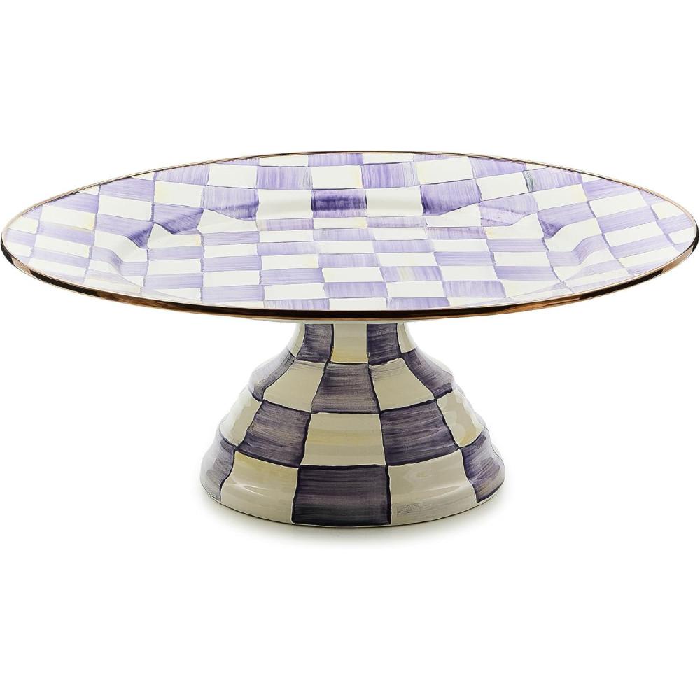 image:imageMACKENZIECHILDS Enamel Pedestal Platter Round Cake Stand Small PurpleandWhite Violet CheckViolet Check