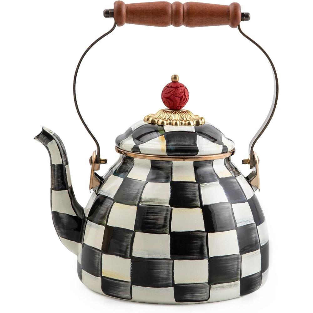 image:imageMACKENZIECHILDS Enamel Tea Kettle Decorative Tea Kettle for Stovetop 3 Quarts PurpleandWhite Violet CheckCourtly Check