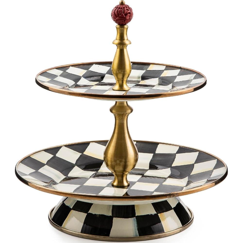 image:imageMACKENZIECHILDS Enamel Tiered Sweet Stand TwoTier Serving Tray for Dessert PurpleandWhite Violet CheckCourtly Check