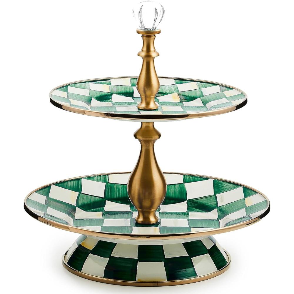 image:imageMACKENZIECHILDS Enamel Tiered Sweet Stand TwoTier Serving Tray for Dessert PurpleandWhite Violet CheckEmerald Check