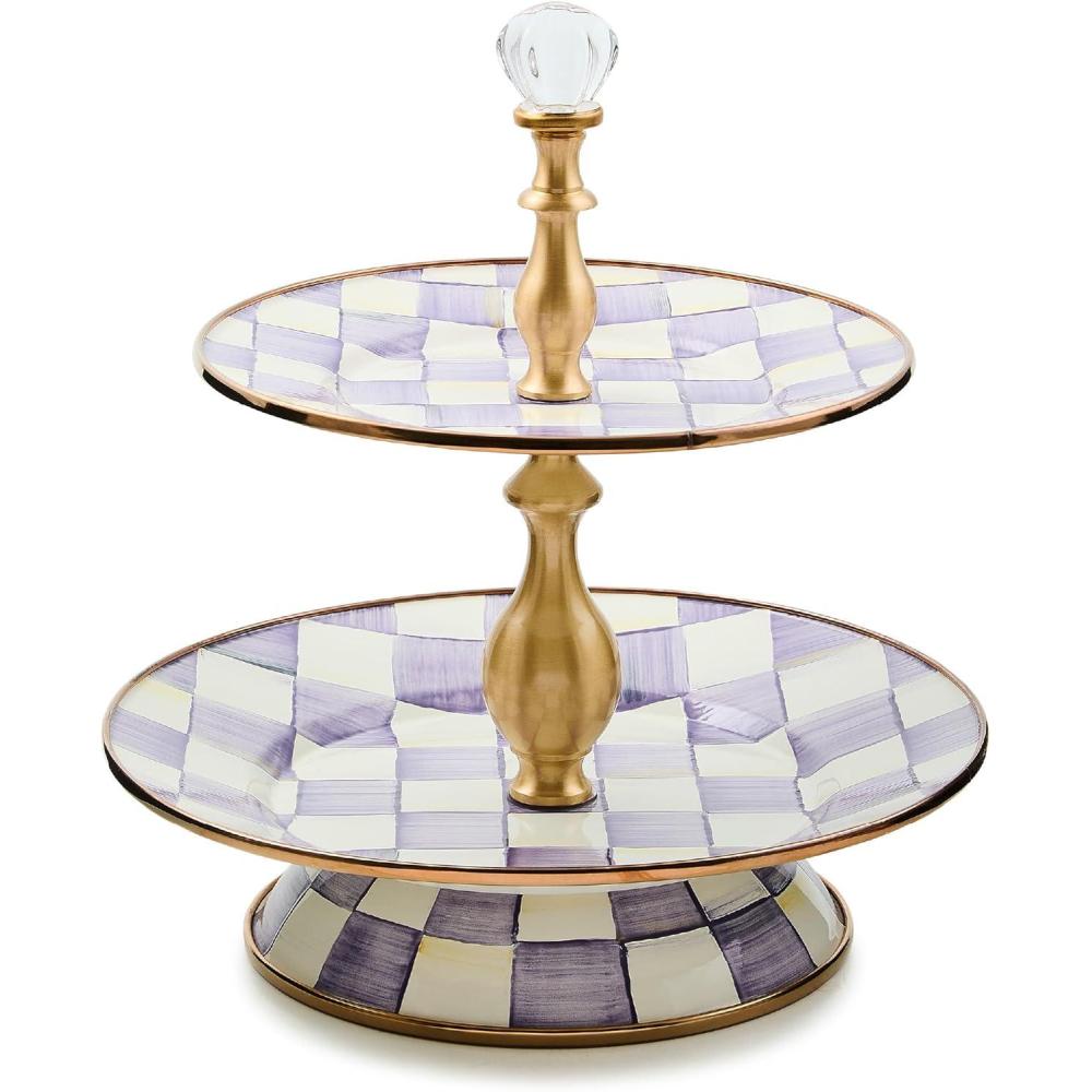image:imageMACKENZIECHILDS Enamel Tiered Sweet Stand TwoTier Serving Tray for Dessert PurpleandWhite Violet CheckViolet Check