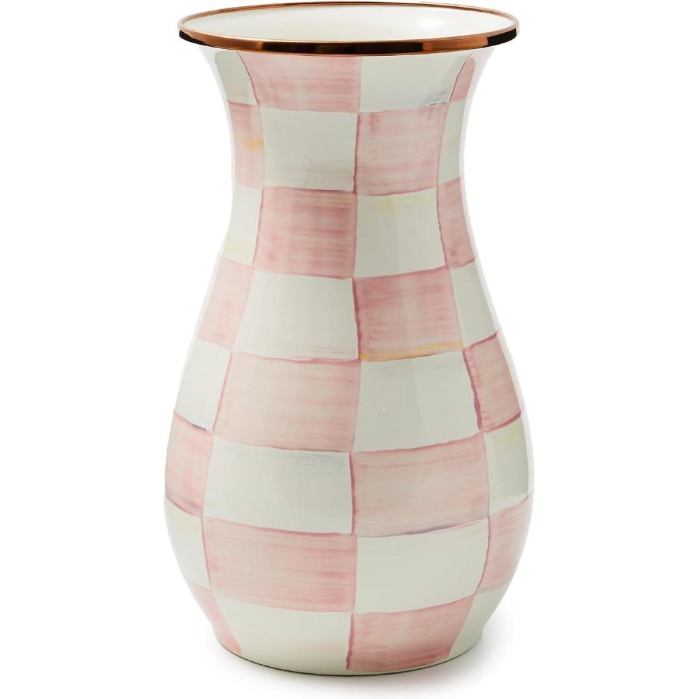 image:imageMACKENZIECHILDS Enamel Vase Unique FlowerVase Decor for Living Room Tall PurpleandWhite Violet CheckRosy Check