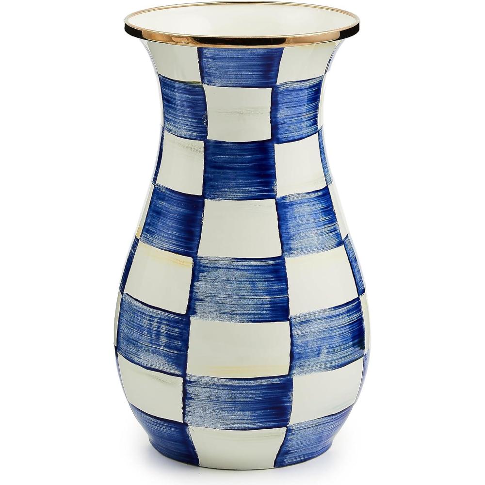 image:imageMACKENZIECHILDS Enamel Vase Unique FlowerVase Decor for Living Room Tall PurpleandWhite Violet CheckRoyal Check
