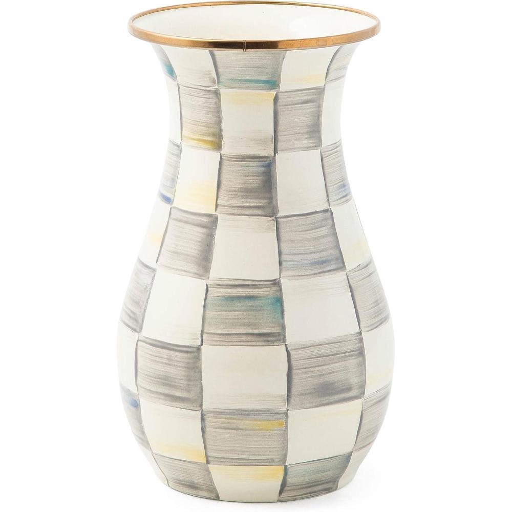 image:imageMACKENZIECHILDS Enamel Vase Unique FlowerVase Decor for Living Room Tall PurpleandWhite Violet CheckSterling Check